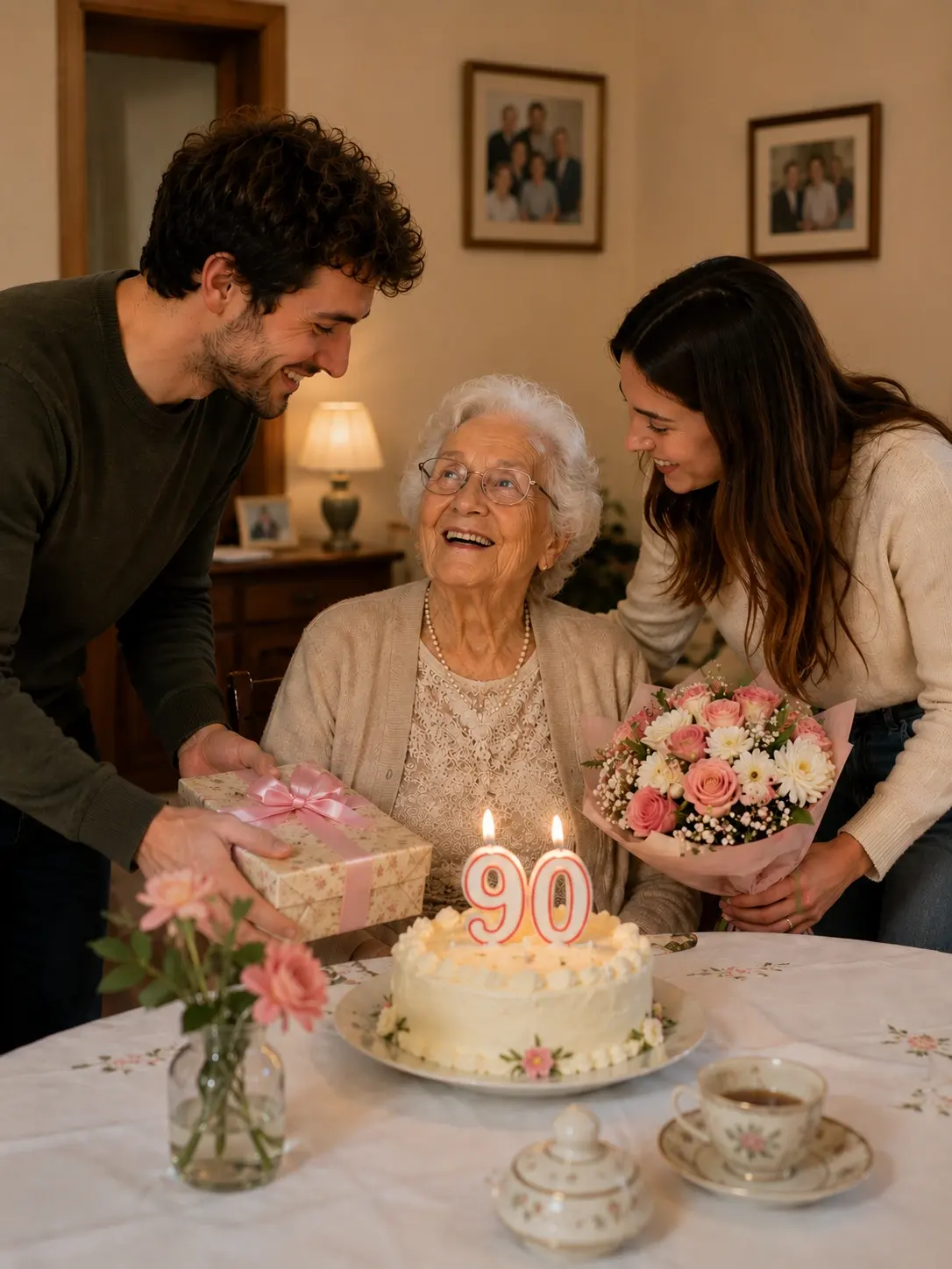 Una signora anziana festeggia il novantesimo compleanno circondata da due giovani che le portano un regalo e un mazzo di fiori.